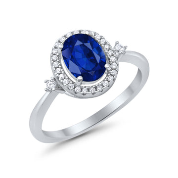 Art Deco Engagement Ring Halo Oval Simulated Blue Sapphire CZ 925 Sterling Silver